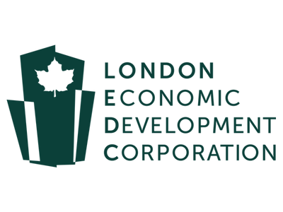 London Economic Development Corporation Logo featuring green overlapping buildings with maple leaf at the top