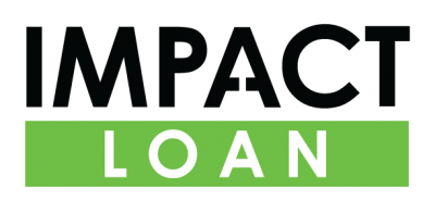 Impact Loan Impact Loan Logo with black lettering for impact and green and white lettering for loan.